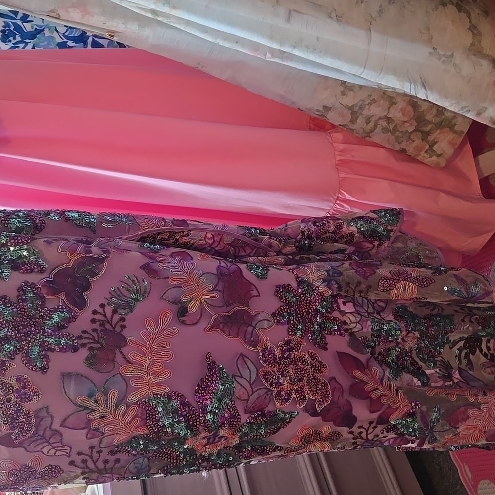 Boston Proper Floral Embroided Mesh Applique Ruffle Slit Midi Purple Dress - Picture 10 of 17
